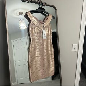 Herve Leger Criss Cross Bandage Foul Dress Rose Gold